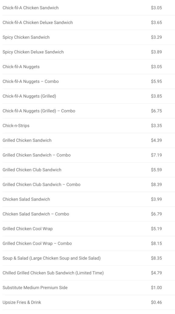 Chick fil A Menu